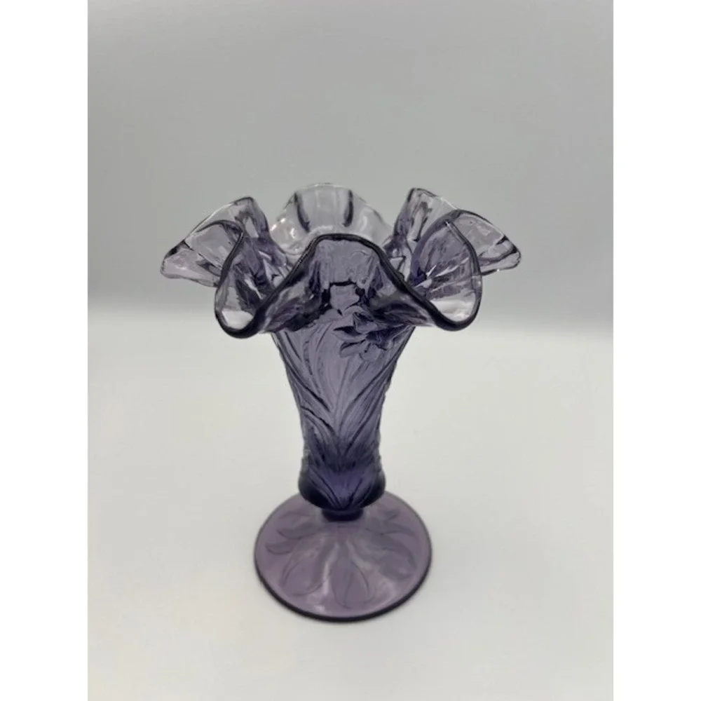 Fenton Purple Amethyst Glass Embossed Daffodils 7in Vase Double Crimp Ruffle Rim